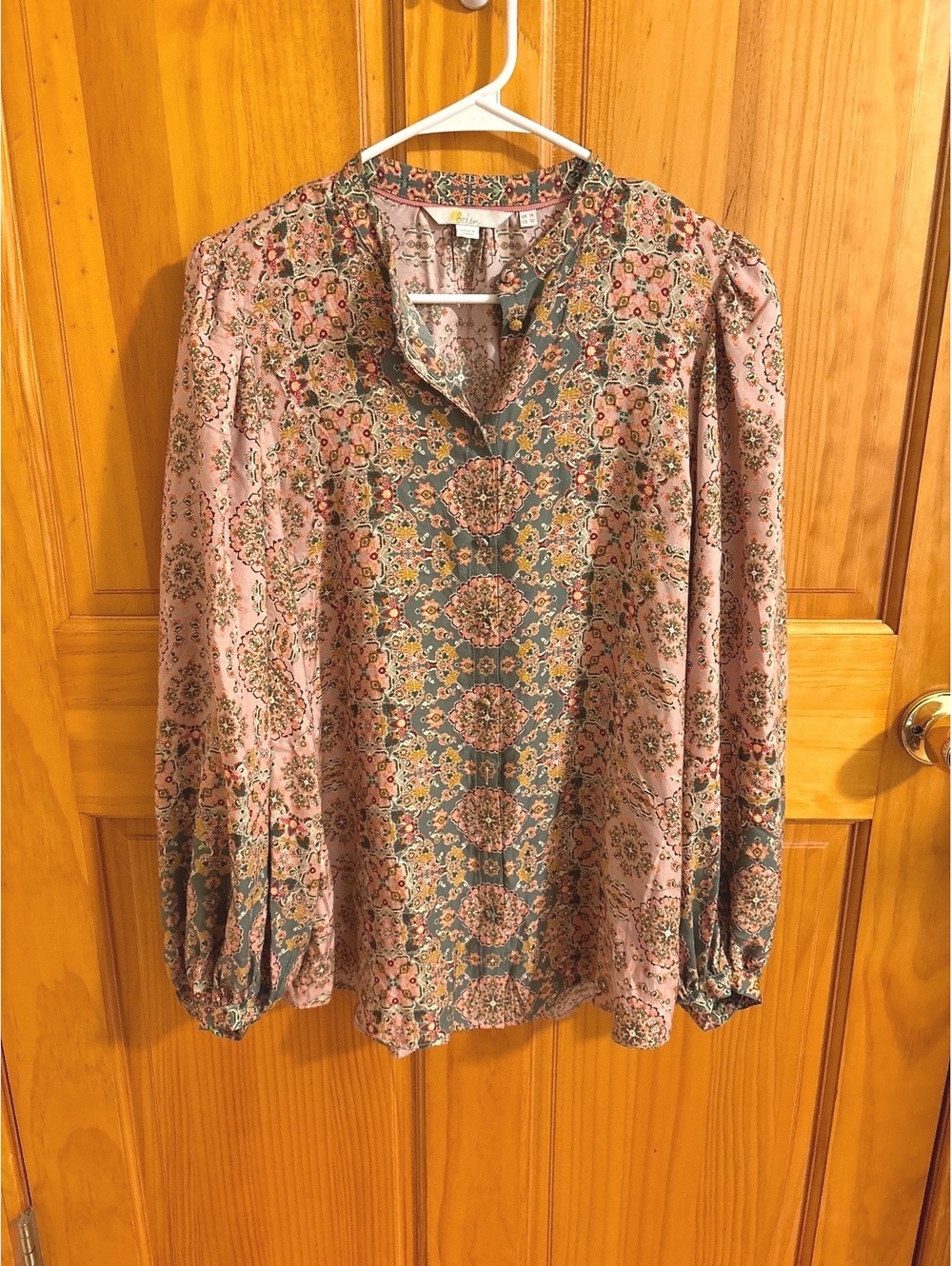 Boho Boden Size 10 Silk Blend Old Rose Intricate Tapestry Blouson Sleeve Blouse
